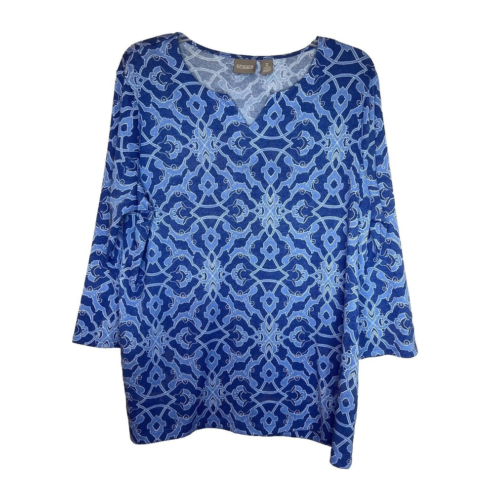 Chico's 2 (US Large 12 / 14) Blue Scroll Summer Sweater Notch Neck 3/4‎ Sleeve